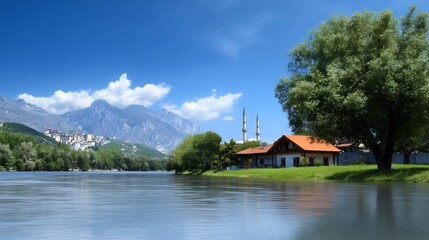 Fototapeta premium Serene Riverfront House Photo: Breathtaking Wide Shot of Tranquil Mountain Landscape. AI Generated