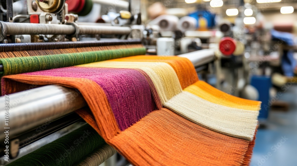 Poster vibrant textile production process with loom and colorful threads in a modern factory setting highli