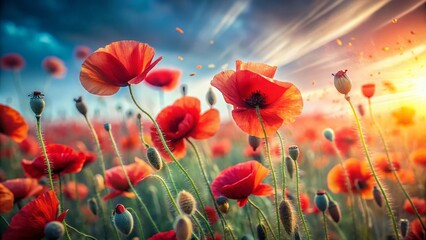 Obraz premium Vibrant Red Poppies Field Double Exposure, Nature Landscape, Summer Flowers, Blooming Poppy, Floral Background