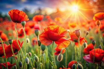 Vibrant Red Poppies Field, Summer Meadow, Blooming Flowers, Nature Photography, High Depth of Field