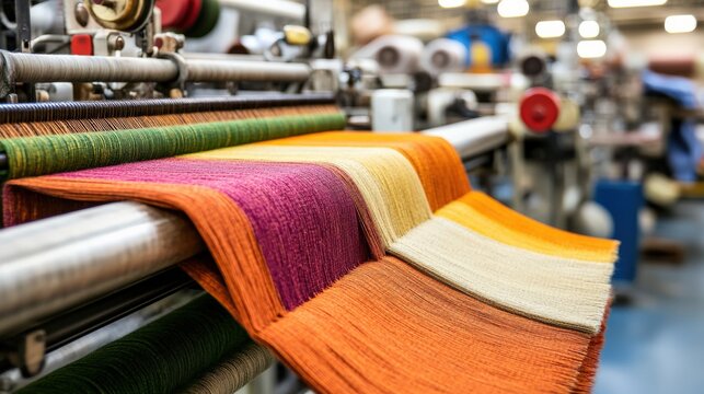 Vibrant Textile Production Process with Loom and Colorful Threads in a Modern Factory Setting Highlighting Traditional Craftsmanship and Innovation