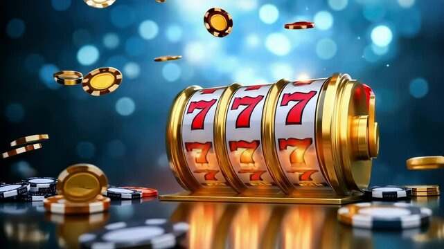Golden slot machine with jackpot and falling casino chips on blue background