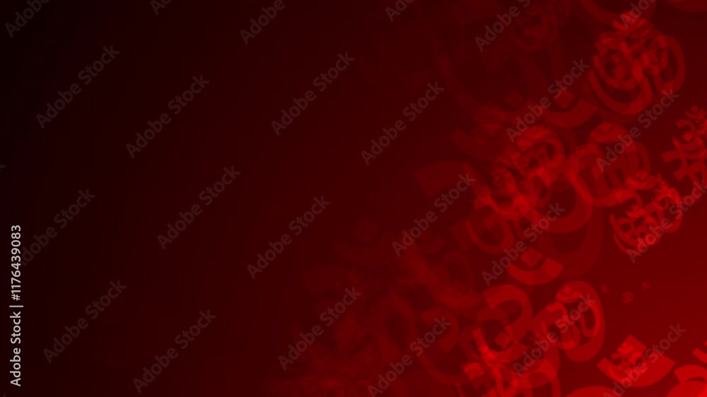 Poster red om symbol shapes are moving from the bottom right of a gradient grid abstract background, horizo
