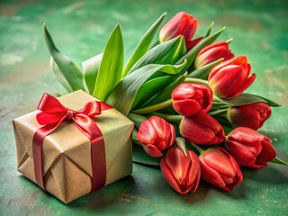 Fototapeta premium Vibrant Red Tulip Bouquet & Gift Box - Spring Gift Macro Photography