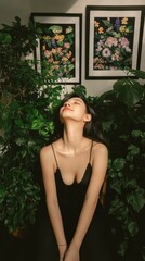 Fototapeta premium Woman Relaxing in Lush Greenery Peaceful Garden Home Decor
