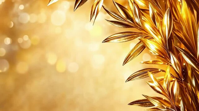 Golden laurel leaves on glowing background with sparkling light