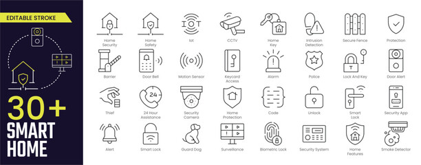 Smart Home Stroke icon collections. Containing alarm, surveillance, lock, CCTV, thief, key, intrusion detection, guard dog and more icons. Editable Stroke icon collection Outline icon