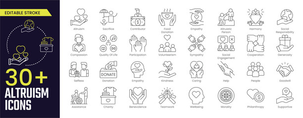 Altruism Stroke icon collections. Containing charity, help, selfless, goodwill, caring, generosity, kindness, empathy, benevolence and more icons. Editable Stroke icon collection Outline icon