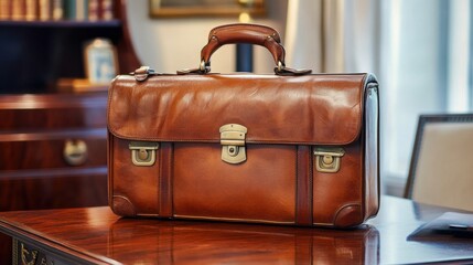 a brown briefcase sitting on top of a wooden desk