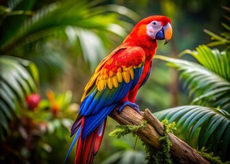 Vibrant Scarlet Macaw in Lush Rainforest - Candid Wildlife Photography