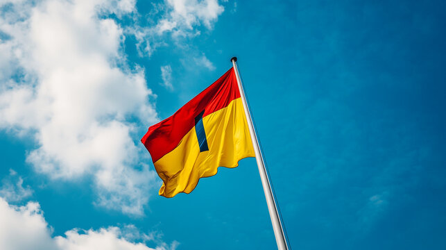 Red and yellow flag waving against a bright blue sky with clouds