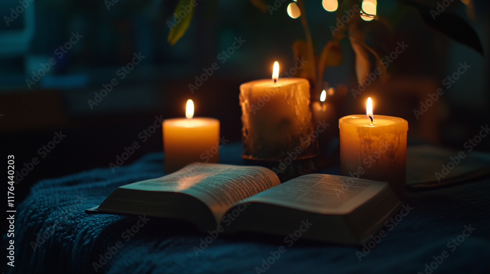 Poster soft candlelight illuminates an open book on a table in a cozy evening setting