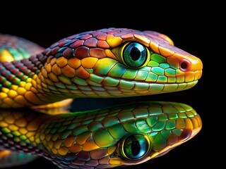 Obraz premium Vibrant Snake Head, Mirrored Eyes, Black Background, Long Exposure Stock Photo