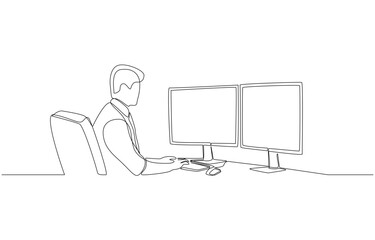 Continuous one line drawing of male office worker working with dual monitors, office work concept, single line art