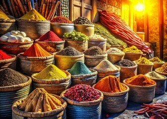 Fototapeta premium Vibrant Spice Market Architecture: Colorful Building Facades & Aromatic Spices