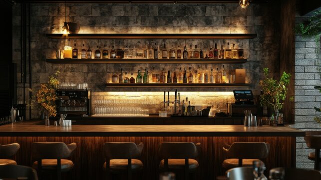 a bar with a bunch of bottles on the shelves