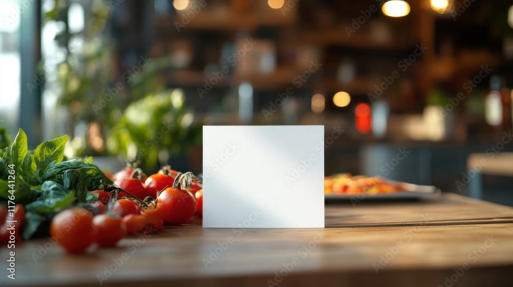 Poster a table with a card and some tomatoes