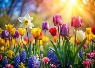 Obraz premium Vibrant Spring Blooms: Tulips, Daffodils & Hyacinths in Bokeh Garden