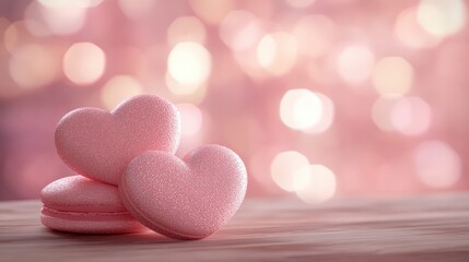Fototapeta premium Romantic Pink Hearts on Wooden Table with Light Defocus and Bokeh Effect for Valentine's Day or Love-Themed Celebrations