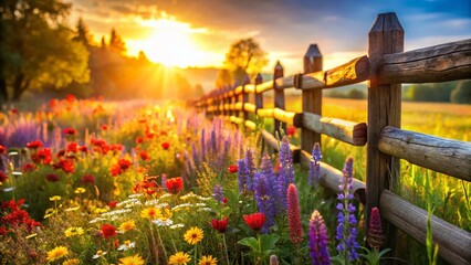 Fototapeta premium Vibrant Spring Flowers Blooming Beside Rustic Wooden Fence - Stock Photo