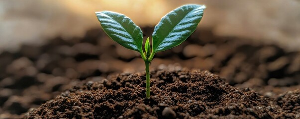 A small green seedling emerges from dark, rich soil, symbolizing growth and new beginnings in a nurturing environment.