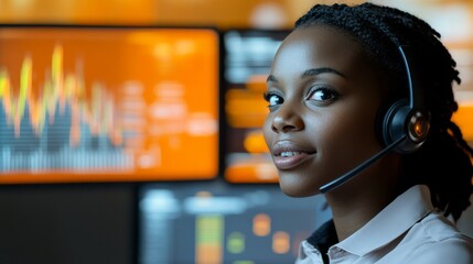 A woman with a headset looks confidently at the camera, surrounded by bright screens displaying data and analytics.