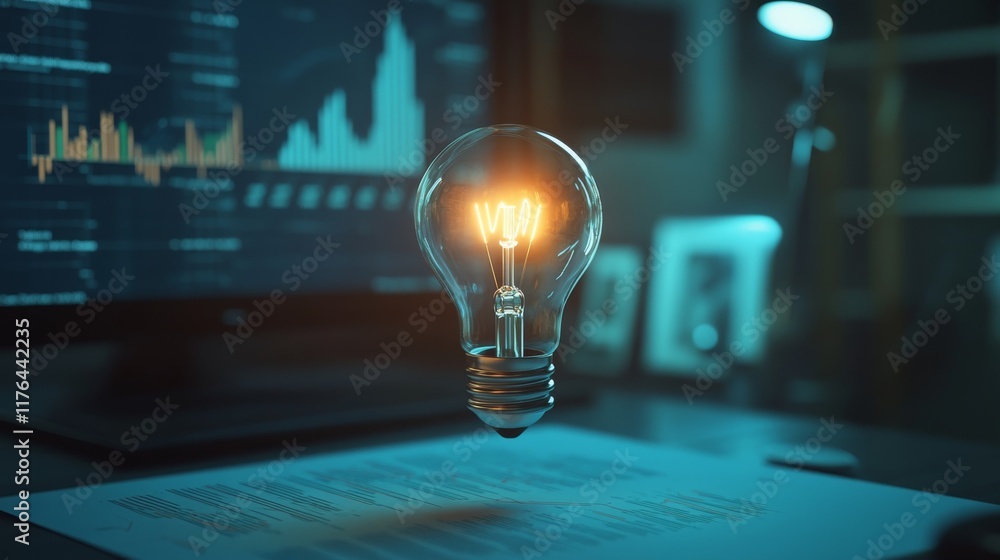 Poster a glowing light bulb hovers above a desk, illuminated against a dark workspace with digital graphs a