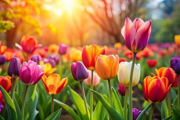 Vibrant Spring Tulips Blooming in Garden - Colorful Flower Field