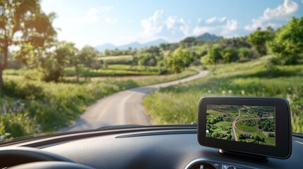 A scenic view from a car dashboard featuring a GPS device navigating a winding road through lush green fields and distant mountains.