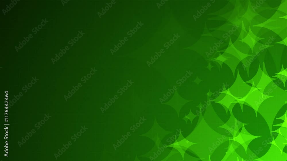 Poster green starburst four point shapes are moving from the bottom right of a gradient grid abstract backg