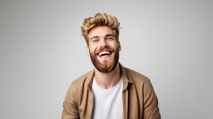 Naklejka premium Positive and joyful Man laughing. Happy smiling young beauty man laughing. Portrait Of Young Handsome Man Smiling. Closeup face of smiling casual man. Happy male model.