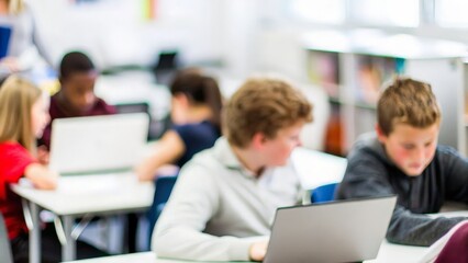 Fototapeta premium Interactive Study Blur: Students working on a project in a classroom with blurred focus 