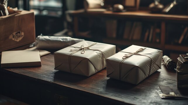 two wrapped presents sitting on a table in a room