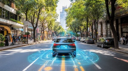 A modern car driving through a tree-lined urban street, featuring digital overlays indicating advanced technology and navigation.