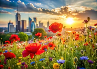 Vibrant Summer Cityscape: Poppies & Flowers in Vertical Format