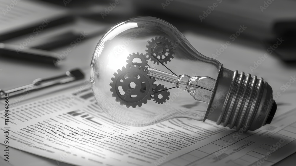 Poster light bulb with gears symbolizing innovation rests on a document, highlighting the intersection of i