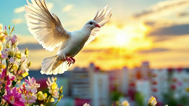 Dove of peace amidst blossoms at sunset in memory and reflection