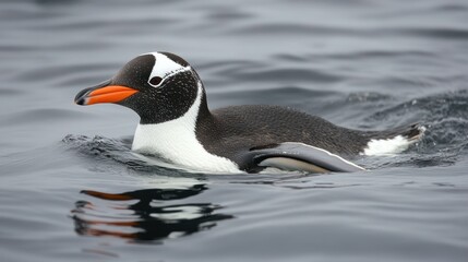 Fototapeta premium A Gentoo penguin swimming in calm waters, showcasing its distinctive features.