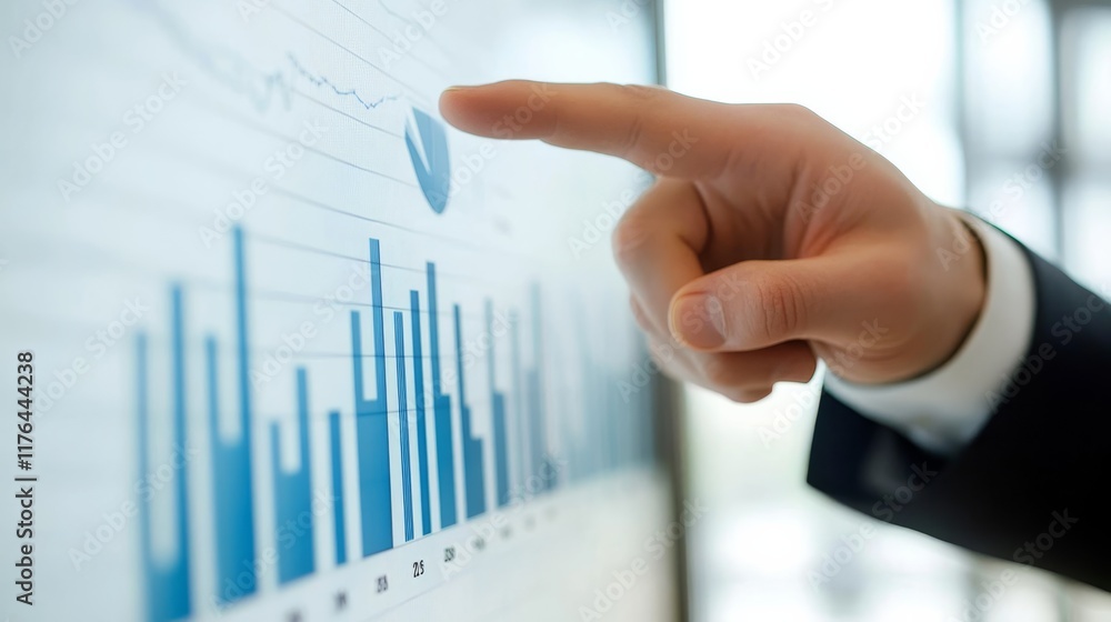 Poster a businessman points at a chart on a screen, illustrating data analysis and trends in a professional