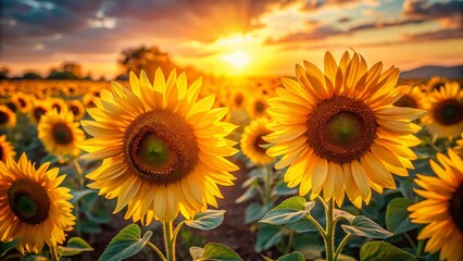 Obraz premium Vibrant Sunflowers Blooming in a Summer Field - High-Resolution Stock Photo