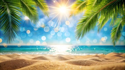 Obraz premium summer banner sunny sand with palm leaves in tropical beach