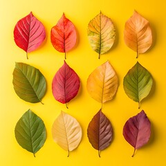 Fototapeta premium Autumn leaves arranged in grid on yellow background.