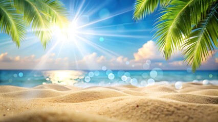 Fototapeta premium summer banner sunny sand with palm leaves in tropical beach