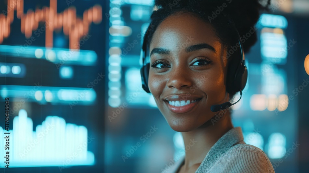 Poster a smiling woman with a headset stands in front of digital graphs and data displays, embodying a prof