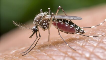 Dengue fever: A mosquito bites a white boy's hand and lands on the person's skin