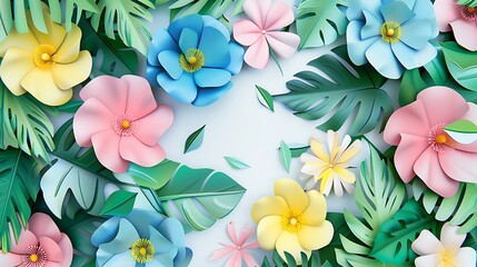 Obraz premium A minimalist 3D paper-cut illustration of blooming flowers in pink, blue, yellow, and white tones, surrounded by lush green leaves, on a clean white backdrop. 8k UHD, suitable for high-quality 