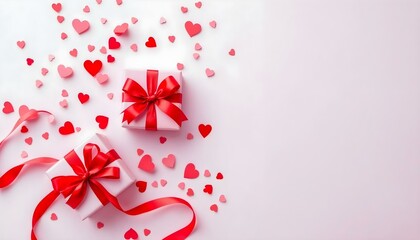 Happy Valentine's Day background, Kraft Gift box with beautiful red ribbon concept of Valentine's, anniversary greeting banner background with text space