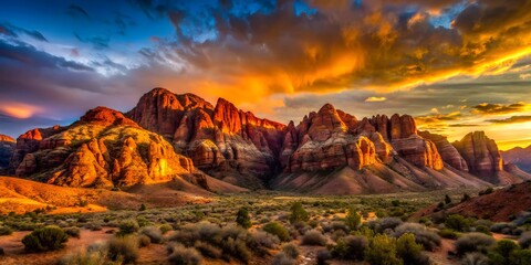 Vibrant orange and pink hues dance across the desert sky at sunset, illuminating majestic sandstone formations and vast