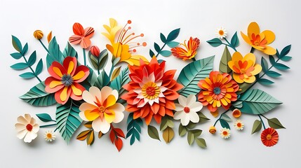 Obraz premium A vibrant paper-cut floral composition featuring colorful layered flowers and leaves arranged in a flowing design, set on a plain white background for easy cut-out. 8k UHD, suitable for high-quality 