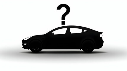 Black silhouette of a car on a white background with a white question mark above it
